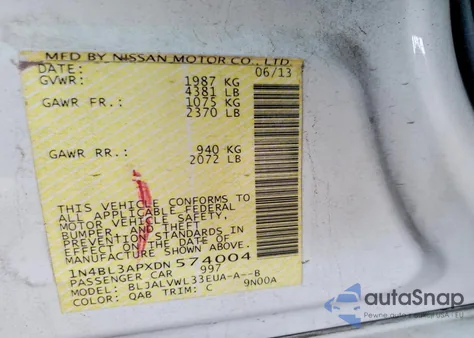 2013 Nissan Altima 3.5S из США, поврежденный, VIN 1N4BL3APXDN574004